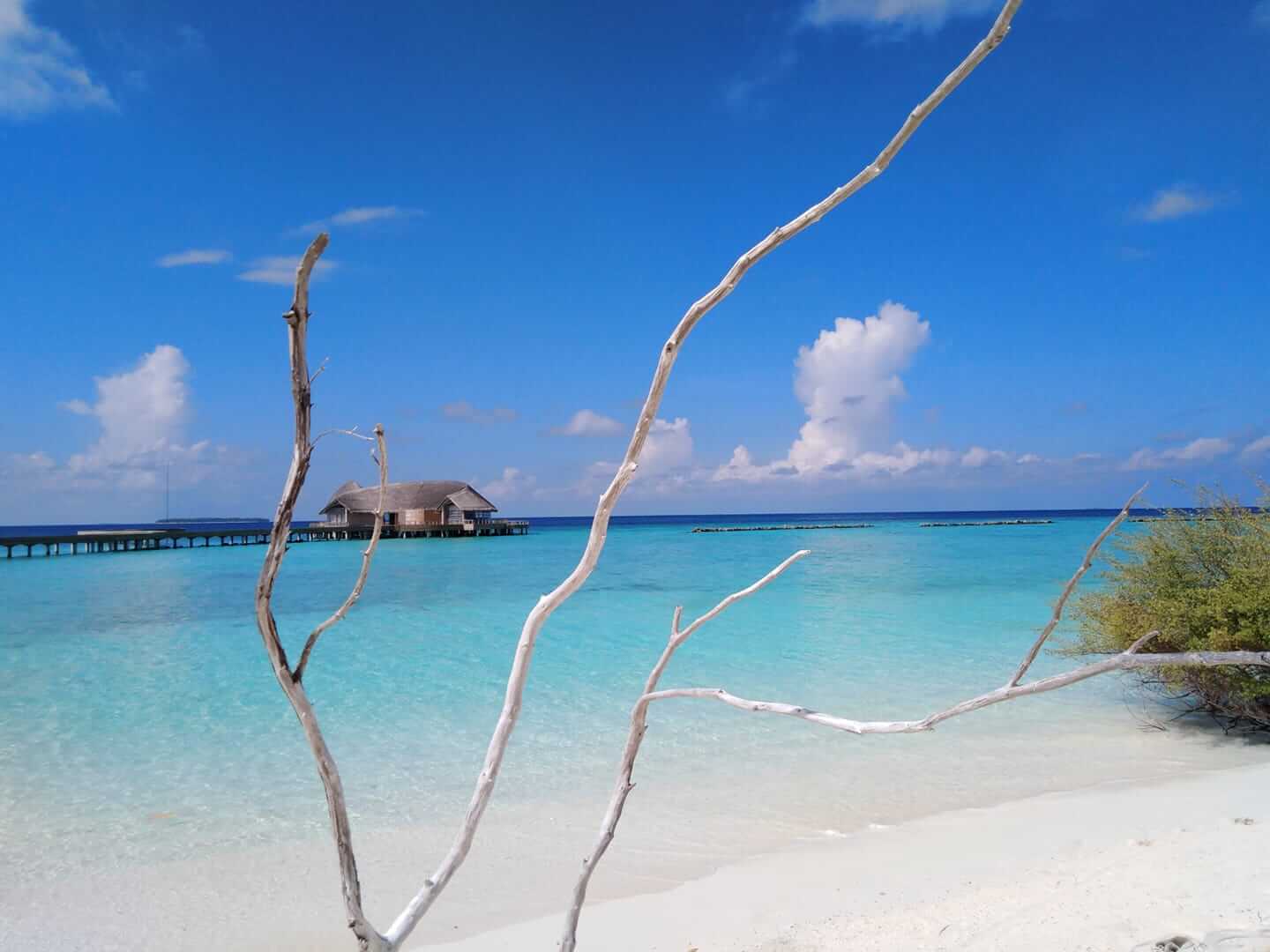 Romantischer Blick auf türkisblaues Meer und einen lagen Steg zu einer privaten Unterkunft im Wasser