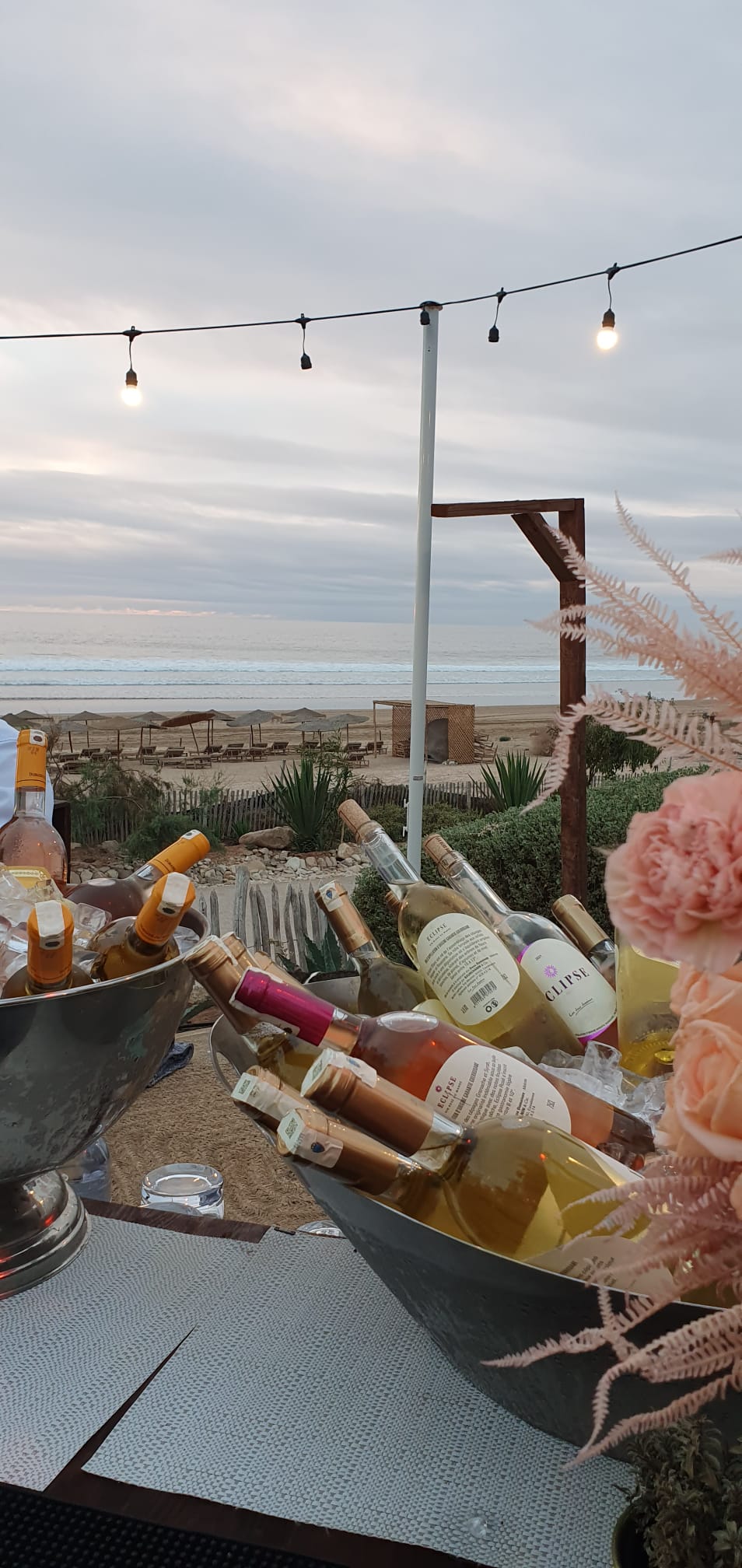 Eine Edelstahlschüssel mit Eiswürfen und alkoholischen Getränken in Flaschen an einem Tisch am Strand mit Licherkette